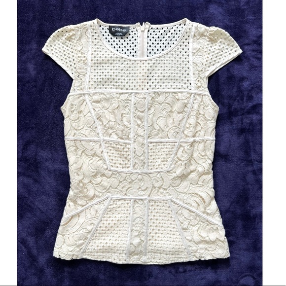 bebe Tops - Bebe Beige Cap Sleeves Semi Sheer Crochet Top XS